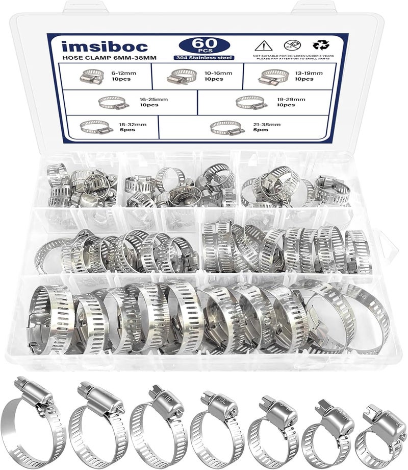 imsiboc 60PCS Stainless Steel Hose Clamps Assortment Kit, Adjustable 1/4''- 1-1/2'' (6-38mm) Worm Gear Metal Fuel Line Clamp for Plumbing, Washing Machine, Mechanical, Garden and Automotive Hose Connections - Image 1